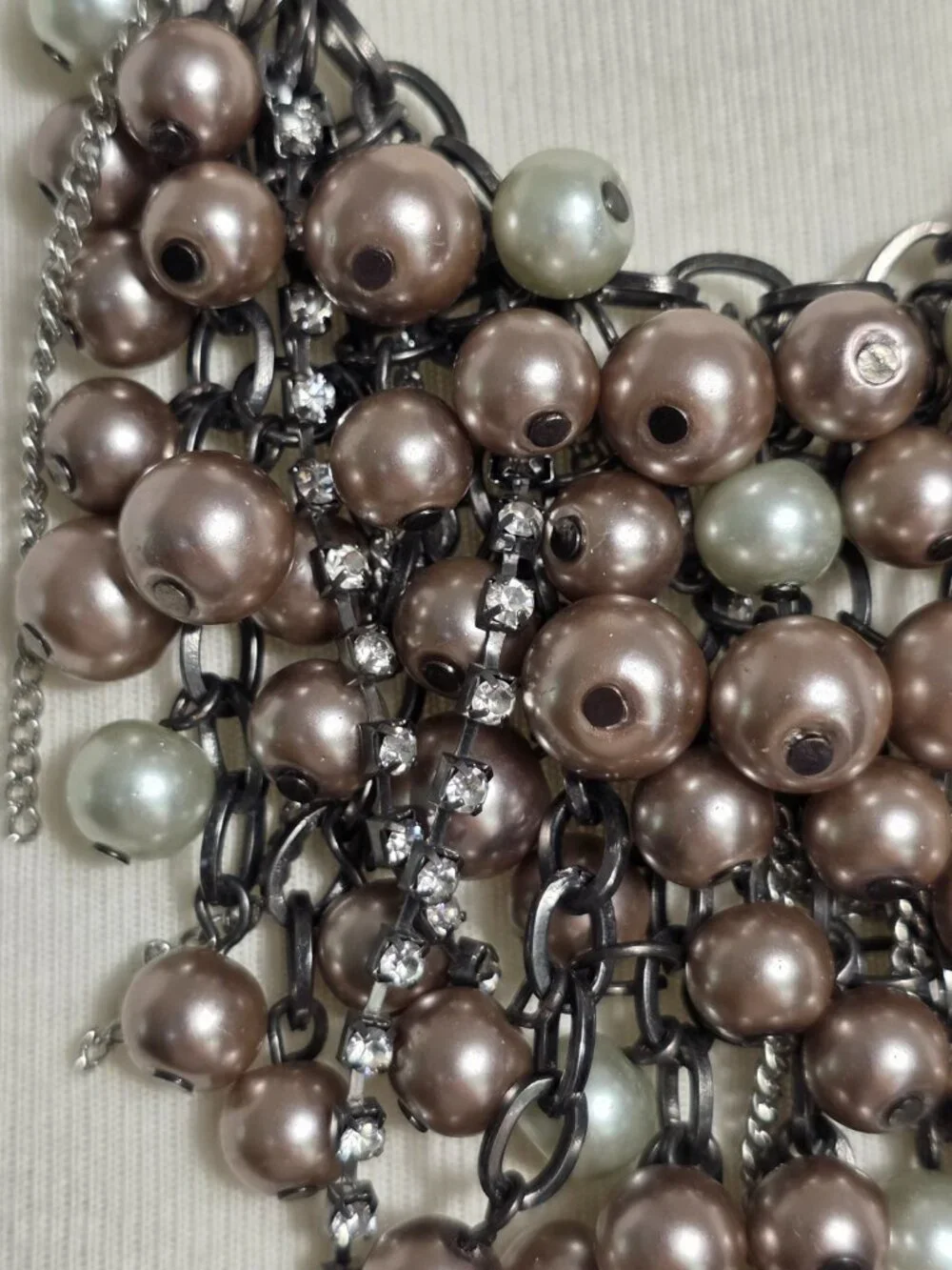 Simply Vera Wang Pearl Bead Bib Necklace Taupe & Gray with Rhinestone Drops
